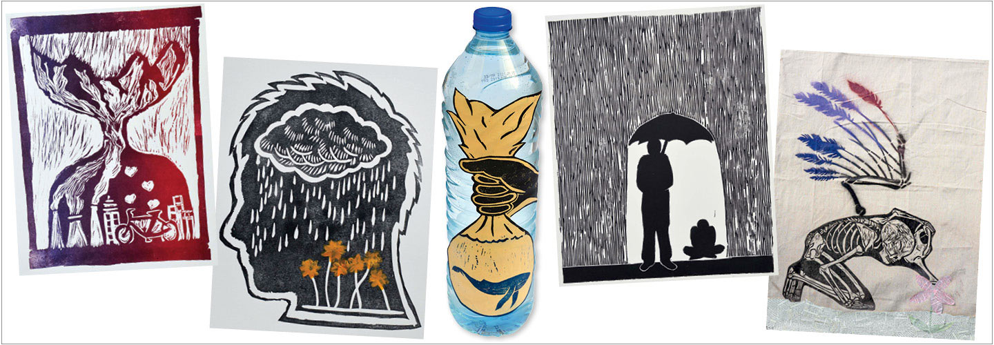 Surrealist prints of a city, head, whale, two people in the rain, and a bird’s skeleton.