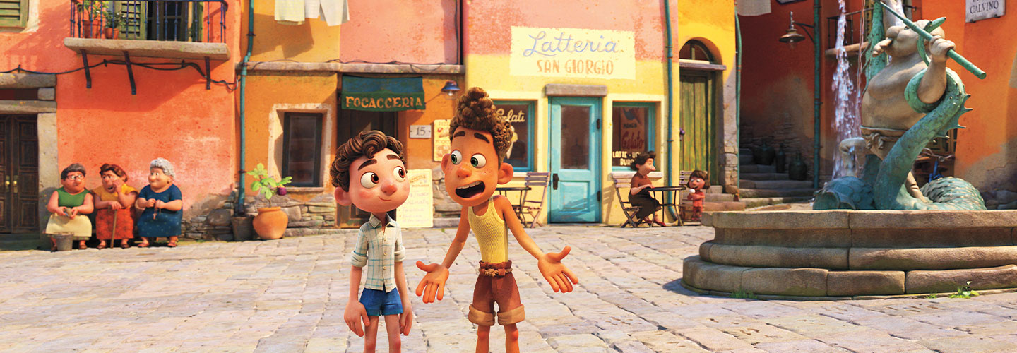 Still scene from Luca, the movie of the two main characters in a town square