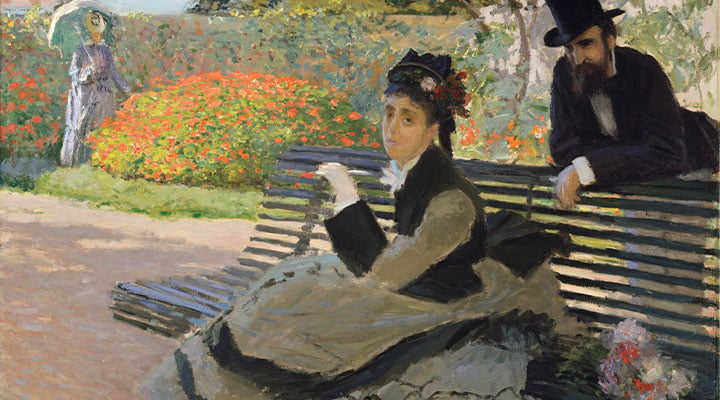 Painting of a woman in old-fashioned dress clothes sitting on a park bench