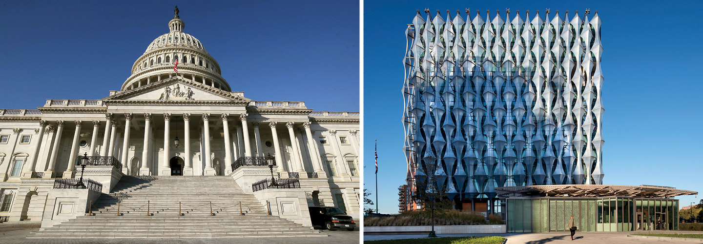 Two photos: The stately white domed U.S. capitol building and the modern U.S. Embassy in London