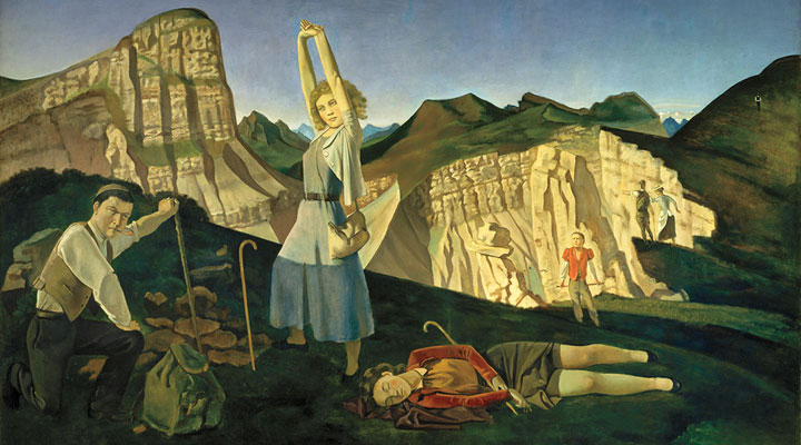 Painting of two men and a woman standing on a stage and pointing to a city on a hill