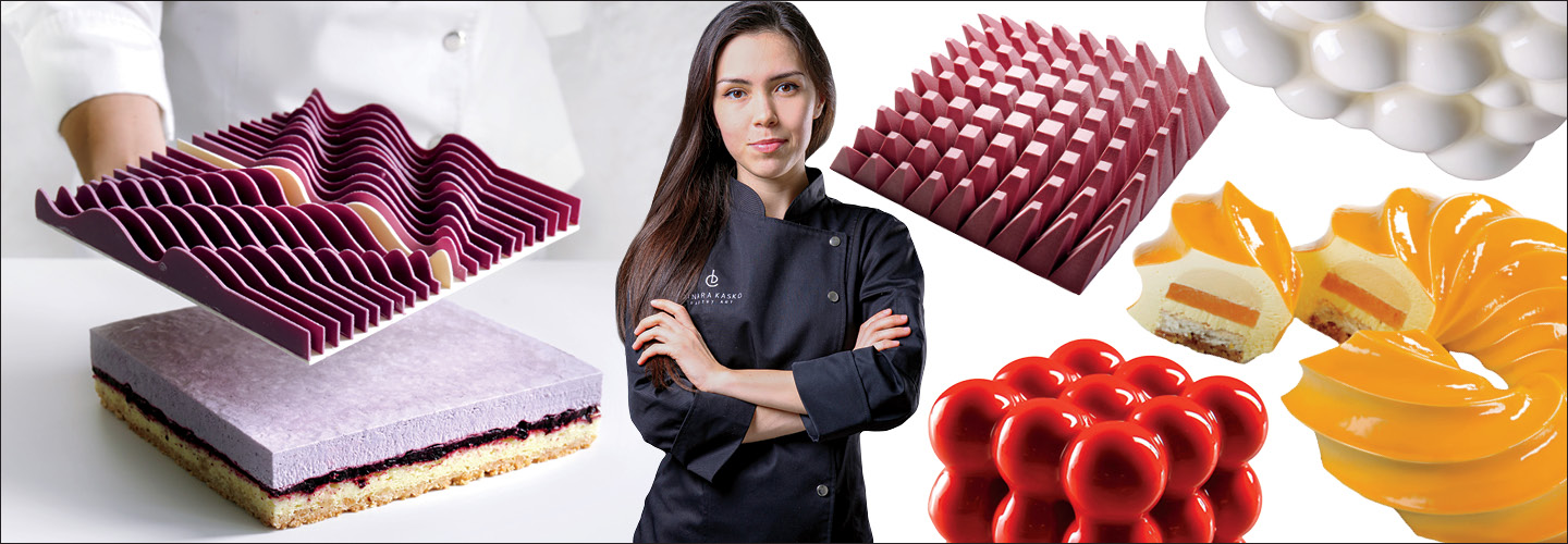 Geometric shaped cakes and a woman posing with her arms crossed