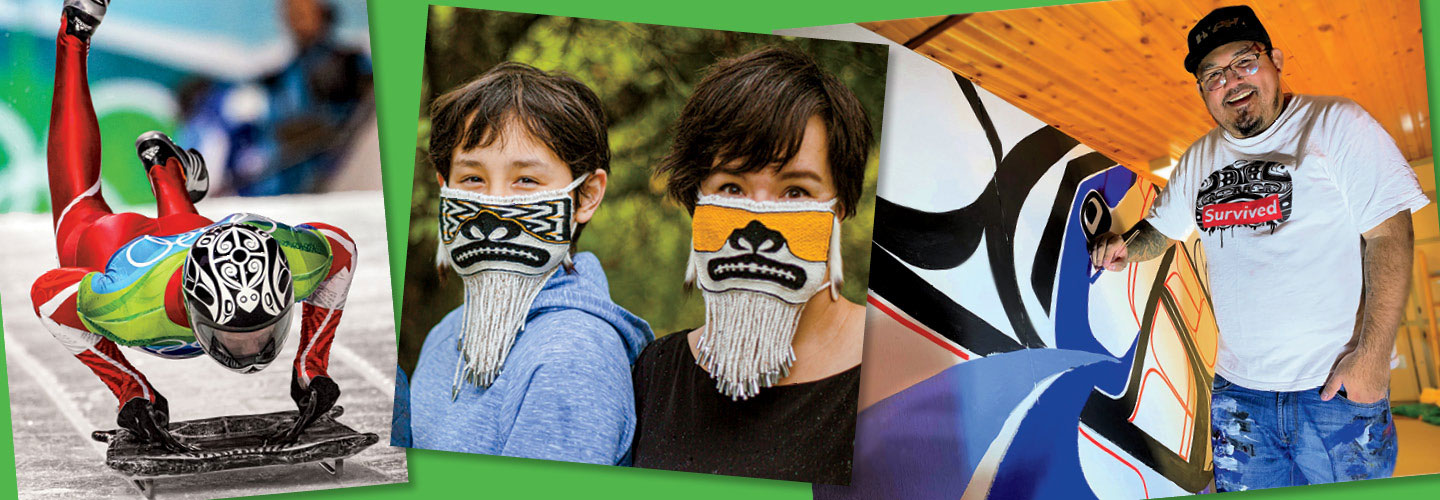 Photo of man luging, students wearing woven animal masks, and a skateboard artist