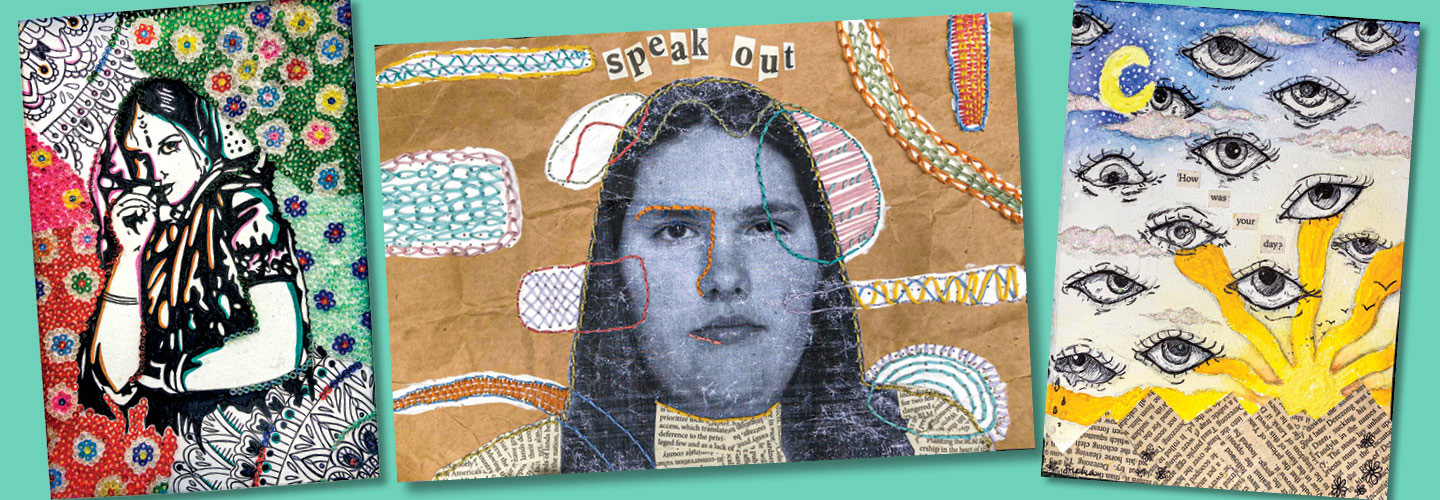 A stencil of a woman, a mixed media portrait collage, and a mixed media collage of eyes