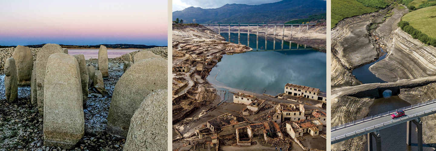 Image of a place in Spain that resembles Stonehenge and two images of a historic bridge