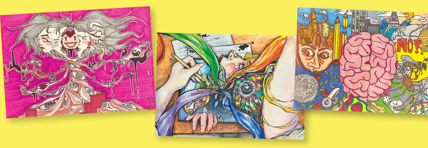 Image of three colorful, detailed pieces of student art