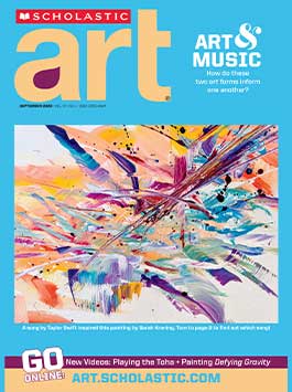Cover of Scholastic Art magazine, featuring a colorful abstract painting with bold brushstrokes