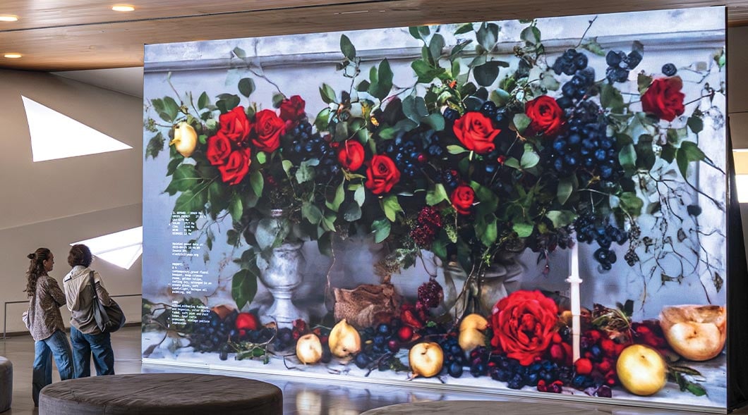 Two people stand before a large display screen that shows roses, grapes, and fruit in a still life arrangement